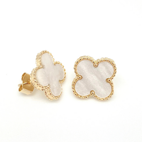 Large Mother of Pearl Quatrefoil Stud Earrings in Gold