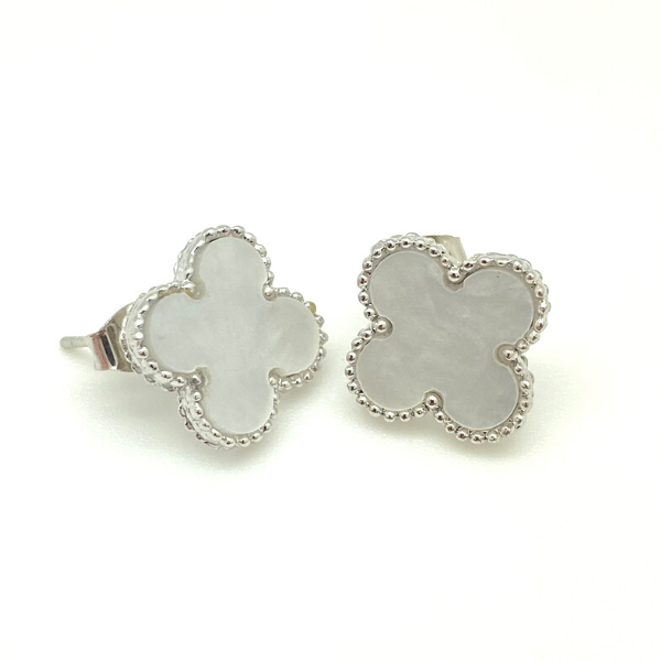 Large Silver Mother of Pearl Quatrefoil Stud Earrings