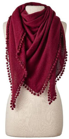 Cashmere Pom Pom Triangle Wrap in Claret